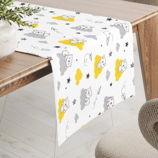 Dětský bavlněný běhoun na stůl Sandra SA-725 Medvídci na žluto-šedých mráčcích na bílém - Biante.cz