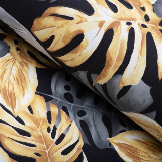 Bavlněná látka/plátno Sandra SA-228 Šedé a zlaté tropické listy na černém - šířka 160 cm - Biante.cz