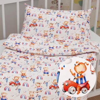 Dětské bavlněné povlečení do postýlky Sandra SA-521 Modro-červení pejsci s auty na bílém - Biante.cz