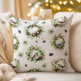 Dekoračná obliečka na vankúš TF-103 Vianočné vence s vtáčikmi na bielom - Biante.sk