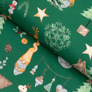 Bavlněná látka/plátno Sandra SA-508 Vánoční skřítci a ozdoby na zeleném - šířka 160 cm - Biante.cz