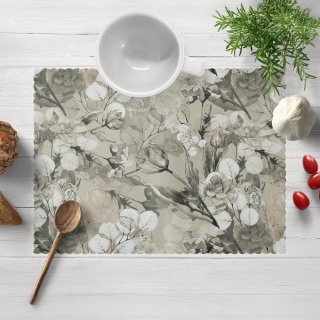 Teflonové prostírání na stůl TF-057 Květy s eukalyptem na hnědobéžovém - Biante.cz