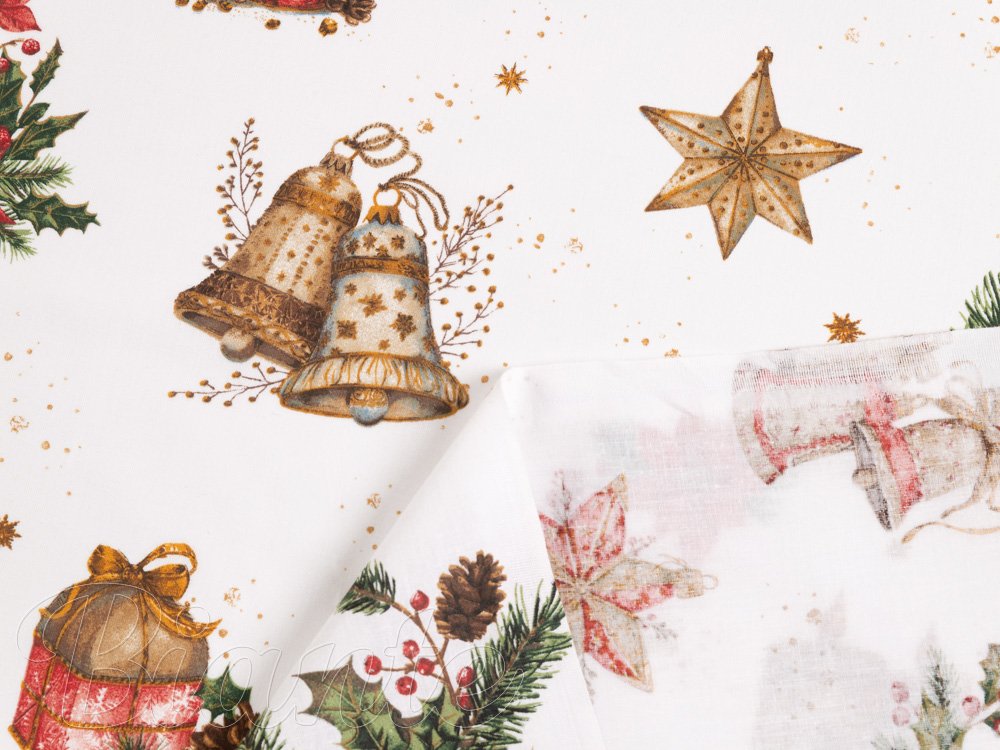 Vánoční bavlněná látka/plátno Sandra SA-515 Vánoční hvězdy a ozdoby na bílém - šířka 160 cm - detail 3 - Biante.cz