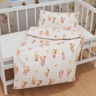 Dětské bavlněné povlečení do postýlky Sandra SA-538 Růžoví zajíčci a ptáčci na bílém - detail 1 - Biante.cz