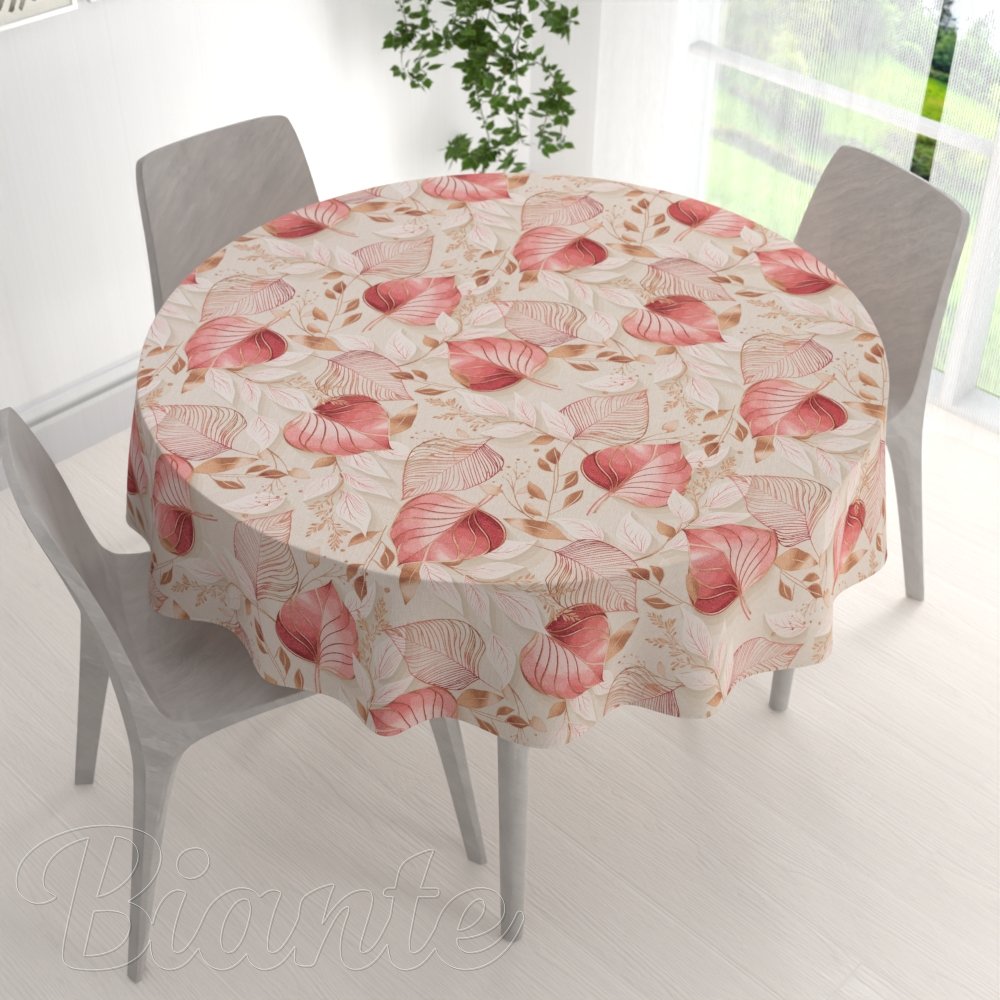 Velký dekorační kulatý ubrus Leona LN-172 Růžovo-vínové listy na režném - detail 1 - Biante.cz