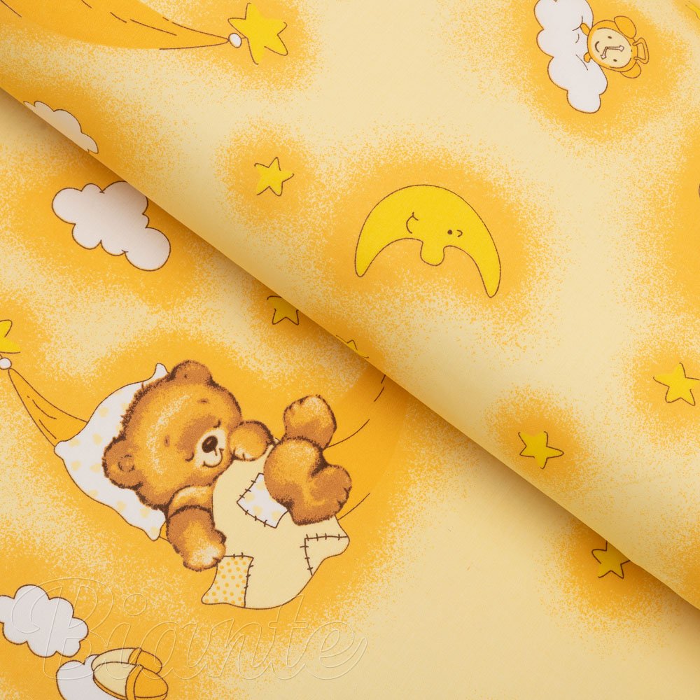 Dětská bavlněná látka/plátno Sandra SA-725 Spící medvídci na žlutooranžovém - šířka 160 cm - Biante.cz