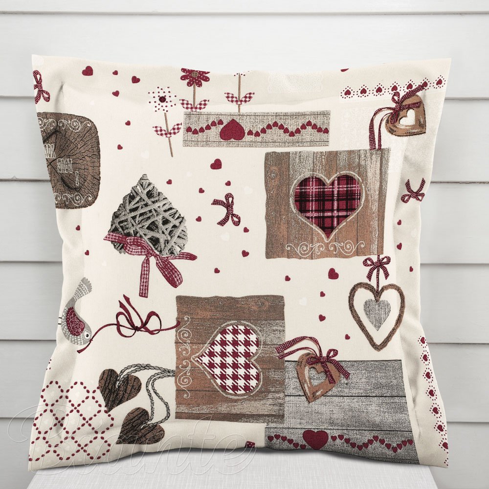 Dekorační povlak na polštář s lemem Porto PRT-015 Vínovo-šedá srdíčka na krémovém - Biante.cz