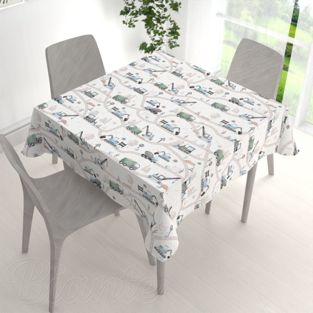 Dětský bavlněný čtvercový ubrus Sandra SA-687 Modro-zelená auta a bagry na bílém - detail 1 - Biante.cz