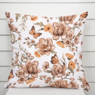 Bavlněný povlak na polštář Sandra SA-458 Hnědé květy magnolie s motýlky na bílém - Biante.cz Bavlněný povlak na polštář Sandra SA-458 Hnědé květy magnolie s motýlky na bílém - Biante.cz