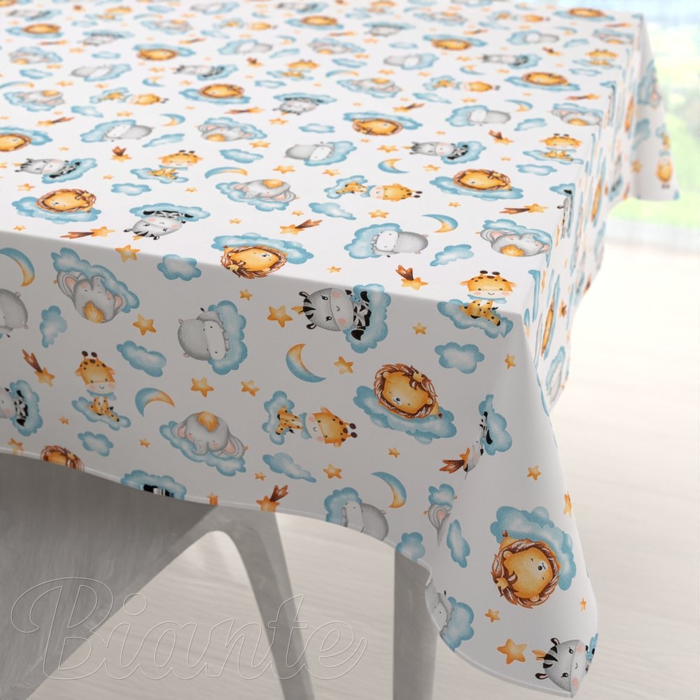 Dětský bavlněný čtvercový ubrus Sandra SA-693 Africká zvířátka na modrých obláčcích na bílém - Biante.cz