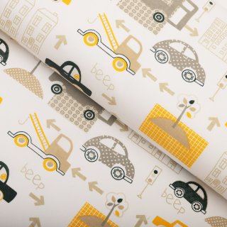 Dětská bavlněná látka/plátno Sandra SA-672 Žlutá a šedohnědá auta ve městě na bílém - šířka 160 cm - Biante.cz Dětská bavlněná látka/plátno Sandra SA-672 Žlutá a šedohnědá auta ve městě na bílém - šířka 160 cm - Biante.cz