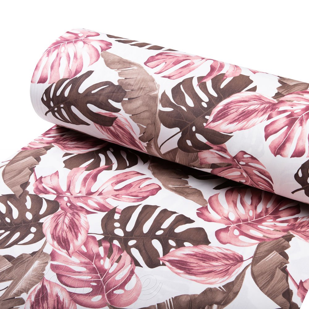 Bavlněná látka/plátno Sandra SA-227 Hnědé a starorůžové tropické listy na bílém - šířka 160 cm - detail 1 - Biante.cz