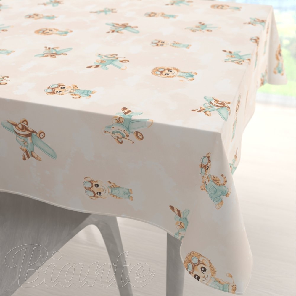 Dětský bavlněný čtvercový ubrus Sandra SA-686 Lvíčata s letadýlky na světle béžovém - Biante.cz