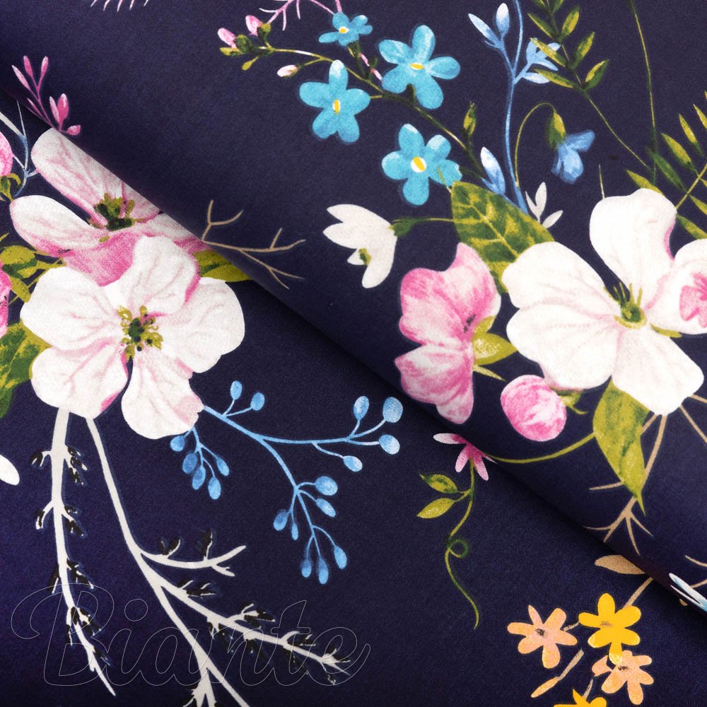 Bavlněná látka/plátno Sandra SA-557 Modro-růžové kvítí na tmavě modrém - šířka 160 cm - Biante.cz