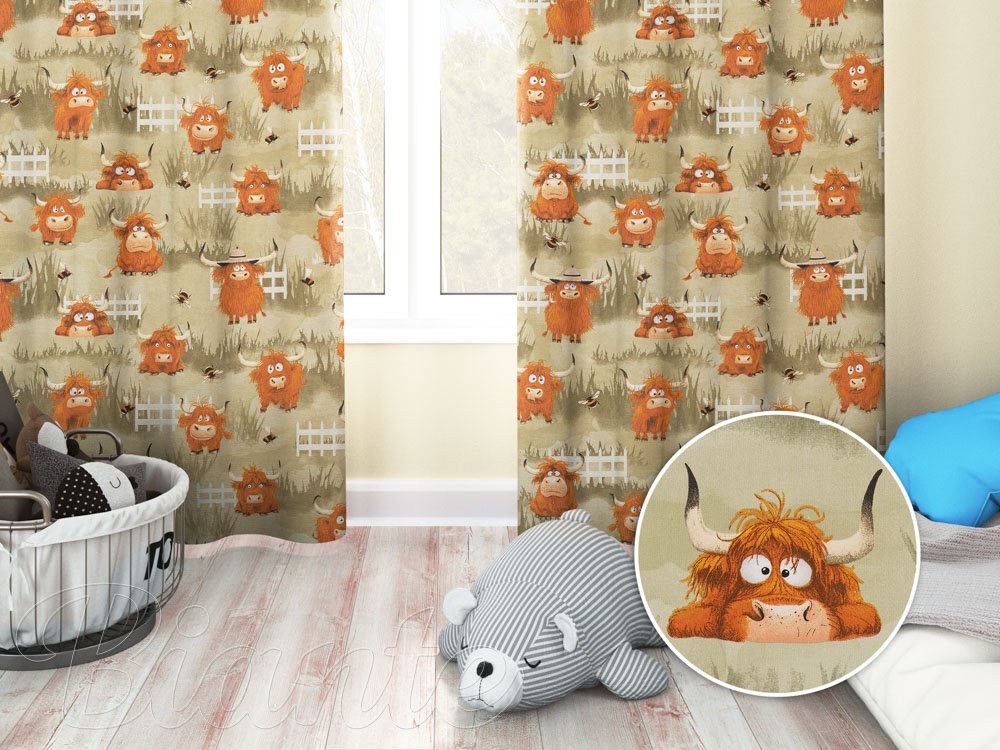 Dětský bavlněný závěs na míru Sandra SA-612 Býčci na pastvě na zeleném - Biante.cz