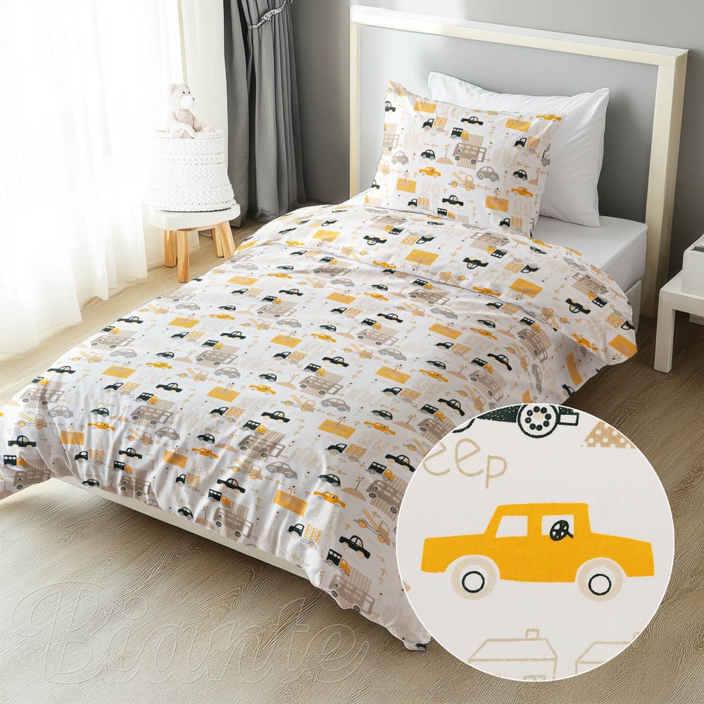 Dětské bavlněné ložní povlečení Sandra SA-672 Žlutá a šedohnědá auta ve městě na bílém - Biante.cz