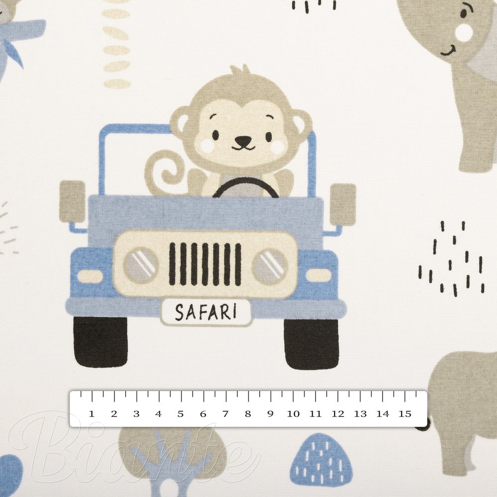 Dětská bavlněná látka/plátno Sandra SA-760 Safari zvířátka s modrými auty na bílém - šířka 160 cm - detail 3 - Biante.cz