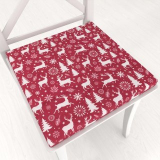 Zamatový štvorcový podsedák Tamara TMR-045 Vianočné jelene a stromčeky na červenom - 38x38x3 cm - Biante.sk