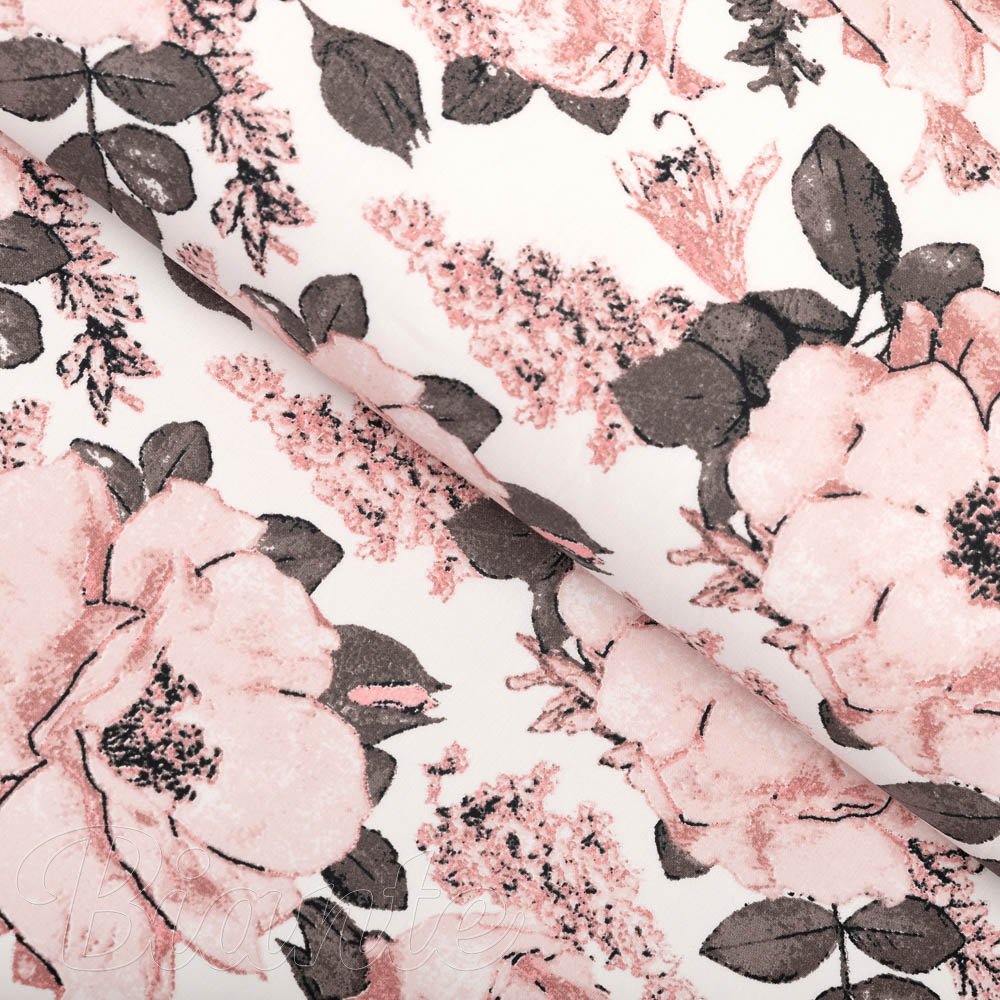 Bavlněná látka/plátno Sandra SA-549 Růžové růže a poupata na bílém - šířka 160 cm - Biante.cz