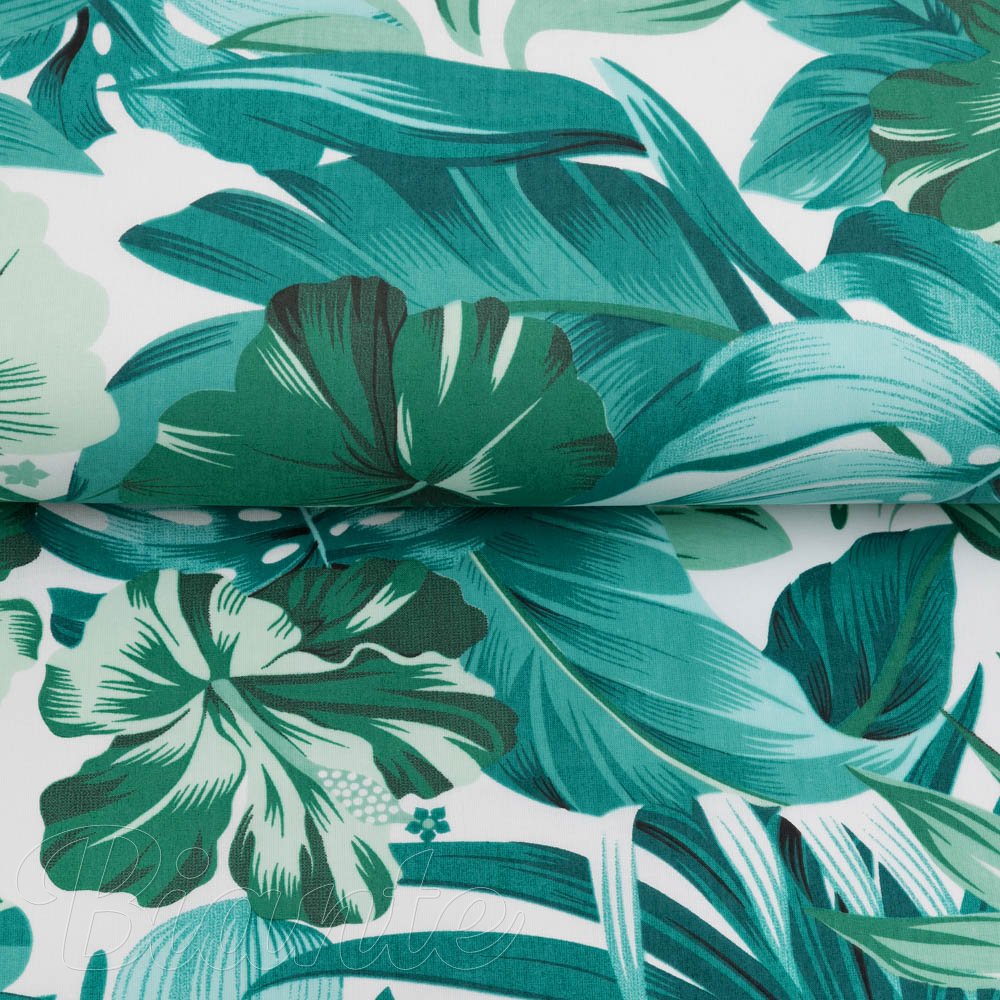 Bavlněná látka/plátno Sandra SA-484 Modro-zelené květy a listy monstery na bílém - šířka 160 cm - detail 2 - Biante.cz