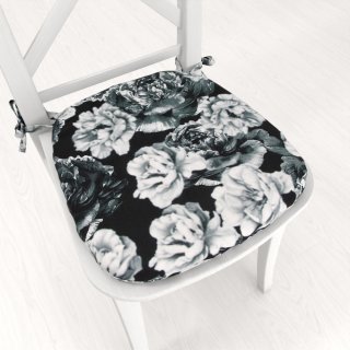 Zamatový oblý podsedák Tamara TMR-040 Čierno-biele pivonky na čiernom - 39x37x3 cm - Biante.sk