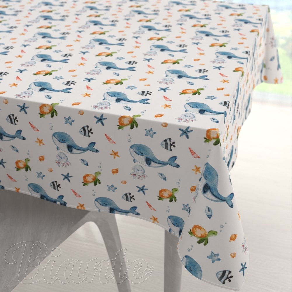Dětský bavlněný čtvercový ubrus Sandra SA-660 Modré velryby a mořská zvířátka na bílém - Biante.cz