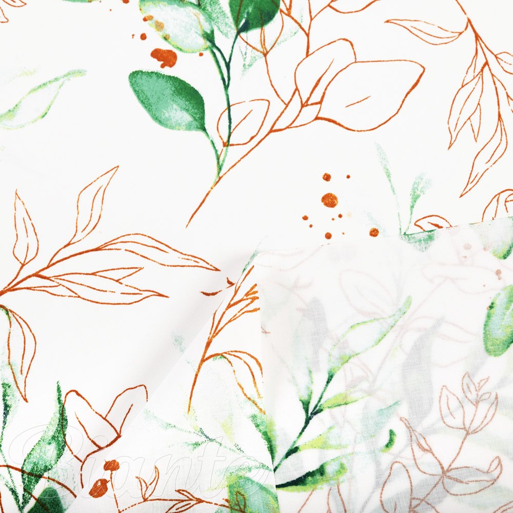 Bavlněná látka/plátno Sandra SA-706 Zeleno-hnědé větvičky s lístky na bílém - šířka 160 cm - detail 4 - Biante.cz