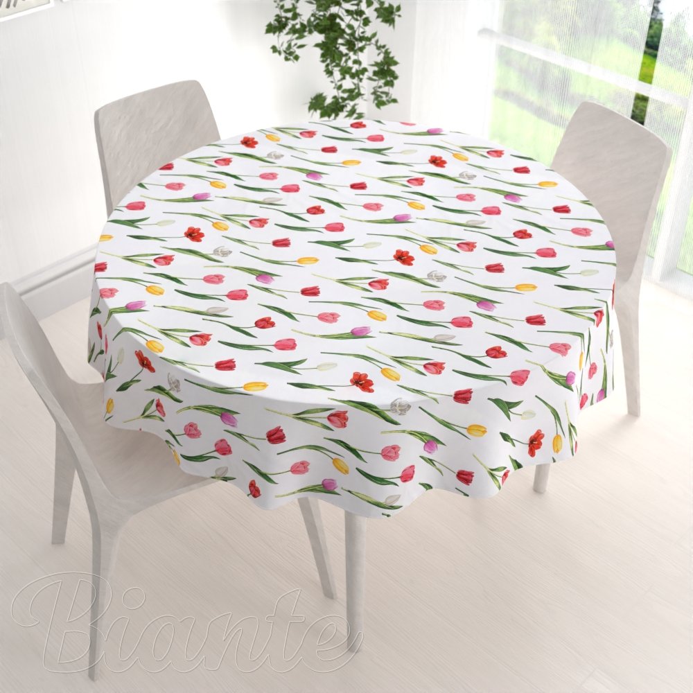 Bavlněný kulatý ubrus Sandra SA-506 Tulipány na bílém - detail 1 - Biante.cz
