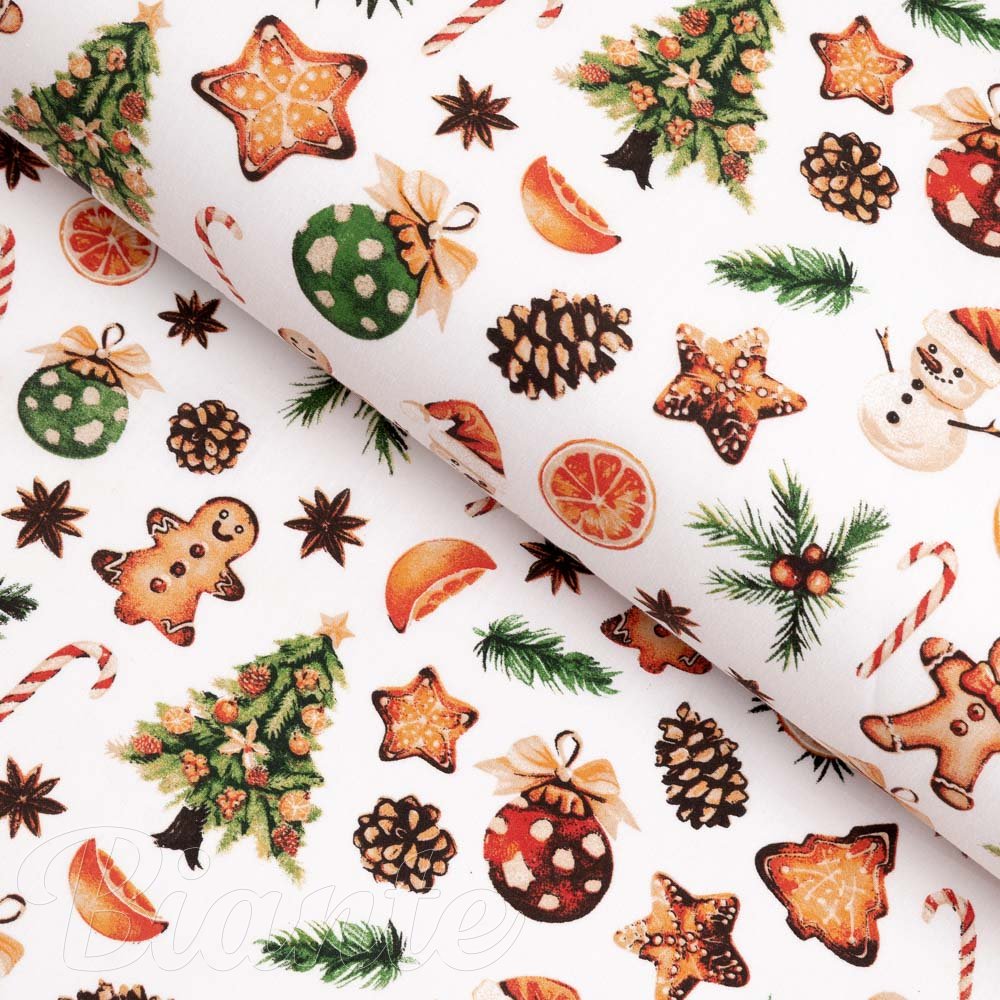 Vánoční bavlněná látka/plátno Sandra SA-516 Vánoční perníčky a ozdoby na bílém - šířka 160 cm - Biante.cz