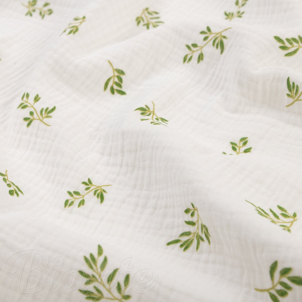 Mušelín dvojitá gázovina MSN-081 Zelené větvičky na bílém - metráž šířka 160 cm - detail 3 - Biante.cz