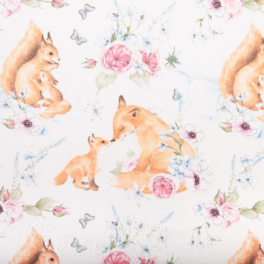 Dětská bavlněná látka/plátno Sandra SA-694 Veverky a lišky mezi květinami na bílém - šířka 160 cm - detail 5 - Biante.cz