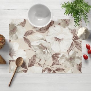 Dekorační prostírání na stůl Porto PRT-011 Hnědo-bílé květy na béžovém - Biante.cz