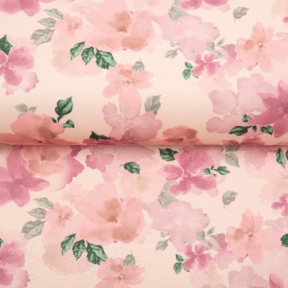 Sametová látka Tamara TMR-039 Růžovo-fialové akvarelové květy na světle lososovém - šířka 140 cm - detail 3 - Biante.cz