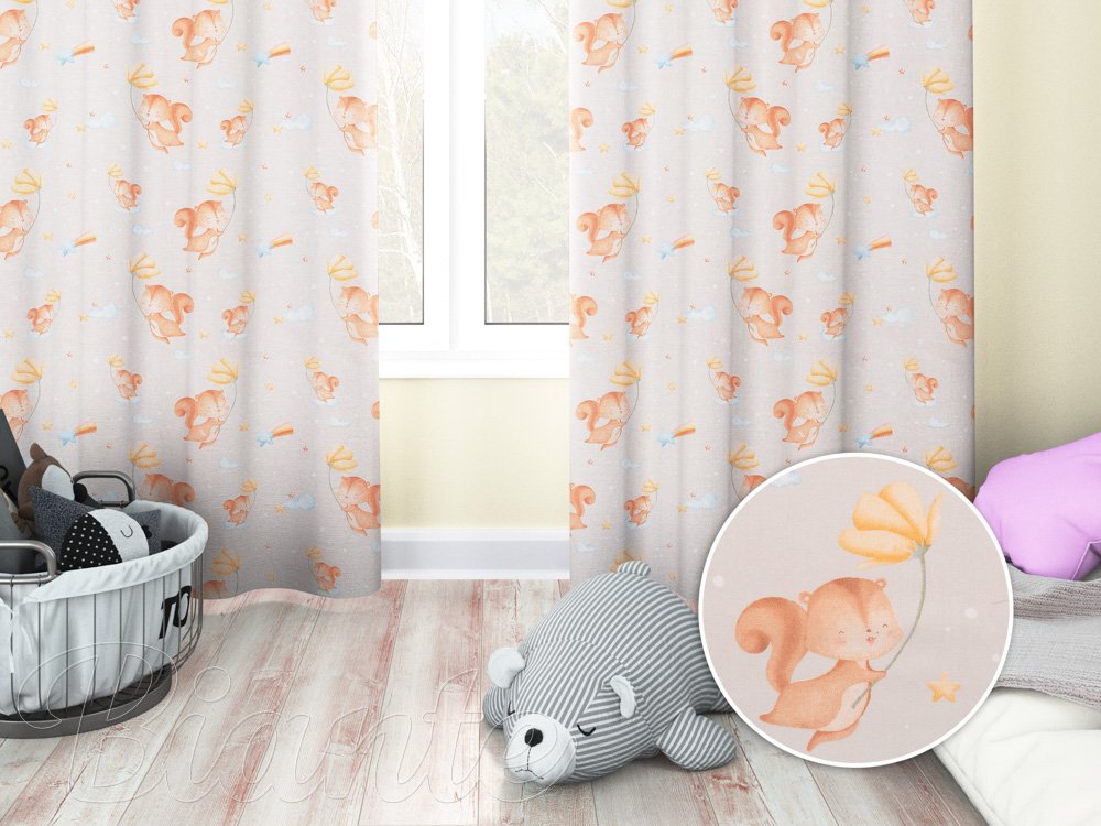 Dětský bavlněný závěs na míru Sandra SA-525 Veverky s květinami na šedobéžovém - Biante.cz