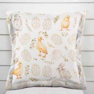Dekorační povlak na polštář s lemem Leona LN-177 Velikonoční zvířátka a kraslice na bílém - Biante.cz