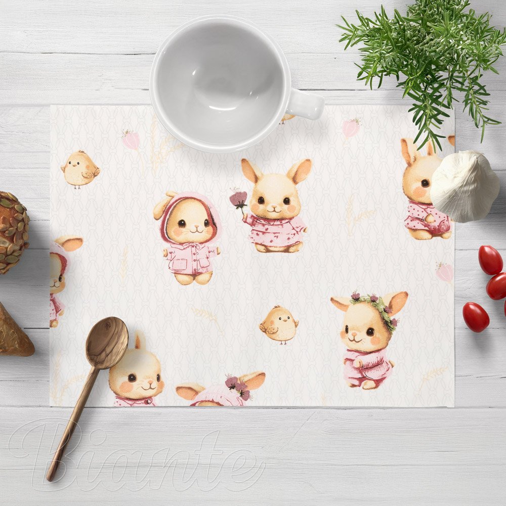 Dětské bavlněné prostírání na stůl Sandra SA-538 Růžoví zajíčci a ptáčci na bílém - Biante.cz