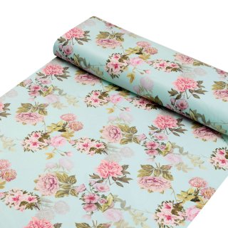 Sametová látka Tamara TMR-038 Růžová zahrada na světle modrém - šířka 140 cm - detail 1 - Biante.cz