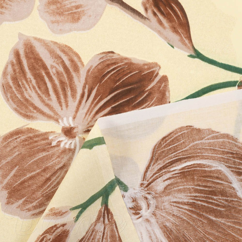 Bavlnená látka/plátno Sandra SA-536 Hnedé orchidey na vanilkovo žltom - šírka 160 cm - detail 4 - Biante.sk