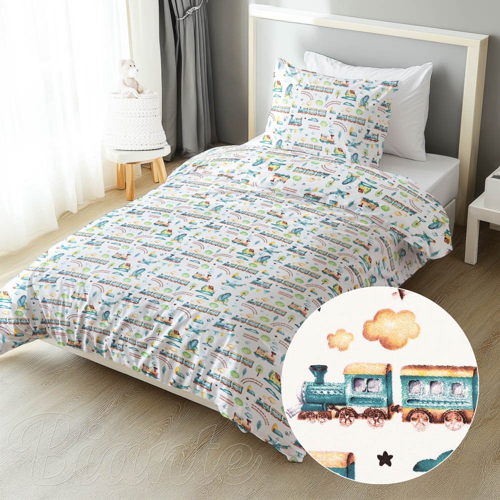Dětské bavlněné ložní povlečení Sandra SA-659 Modrozelené vláčky s letadýlky na bílém - Biante.cz