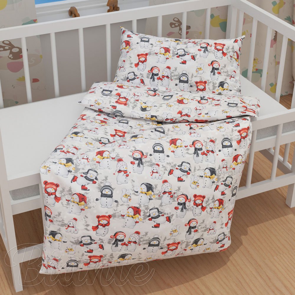 Dětské bavlněné povlečení do postýlky Sandra SA-661 Sněhuláci na světle šedém - detail 1 - Biante.cz