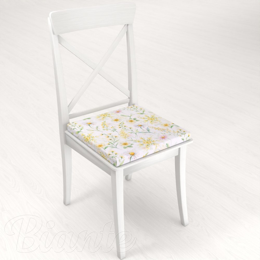 Teflonový čtvercový podsedák TF-135 Malované žluto-zelené luční kvítí na bílém - 38x38x3 cm - detail 1 - Biante.cz