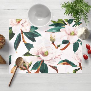 Bavlněné prostírání na stůl Sandra SA-293 Magnolie se zelenými listy na bílém - Biante.cz