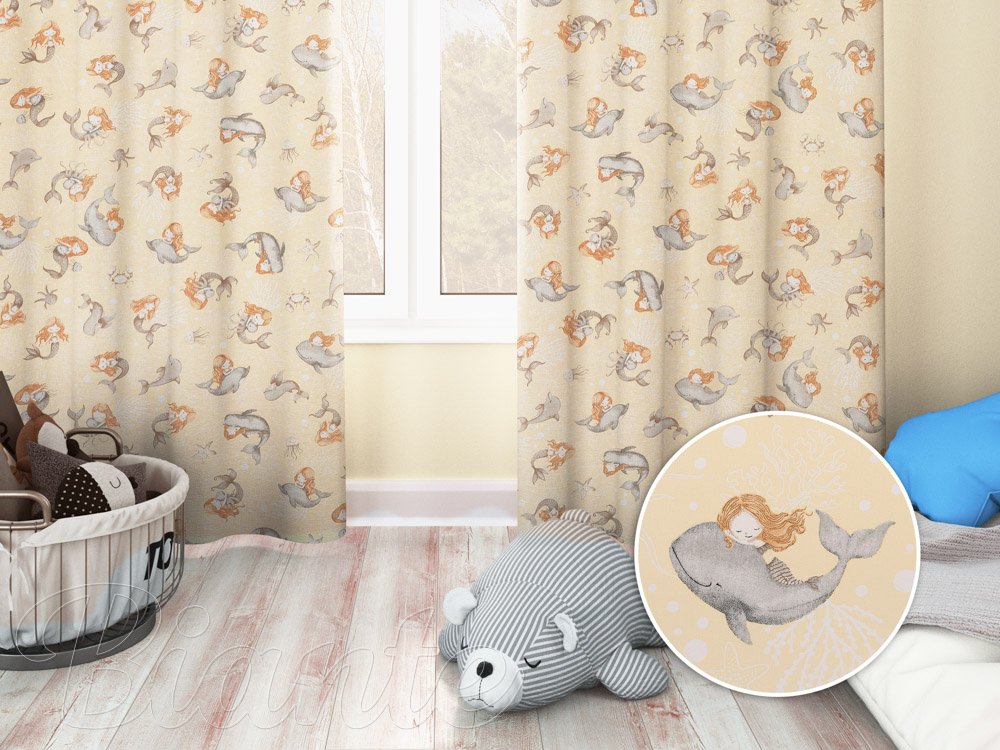 Dětský bavlněný závěs na míru Sandra SA-670 Šedo-hnědé mořské panny s delfíny na žlutobéžovém - Biante.cz