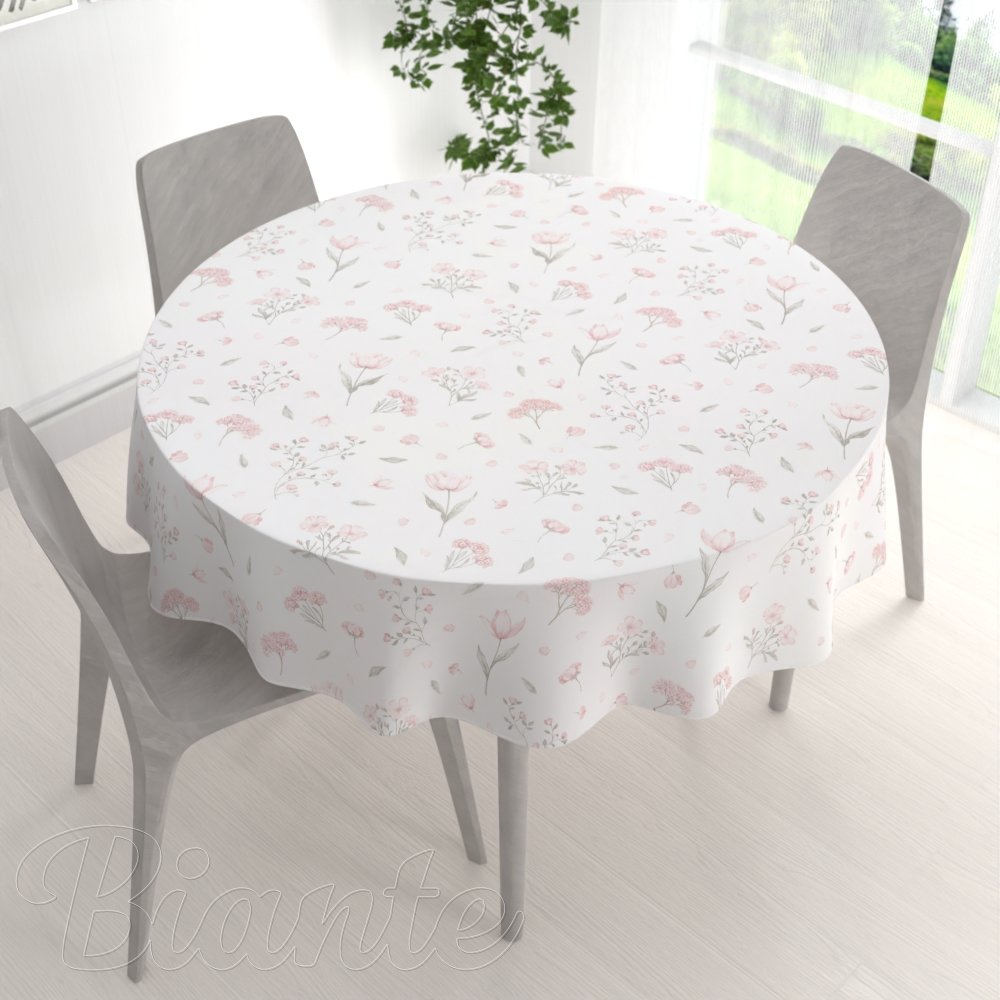 Bavlnený okrúhly obrus Sandra SA-741 Ružové jarné kvety na bielom - detail 1 - Biante.sk