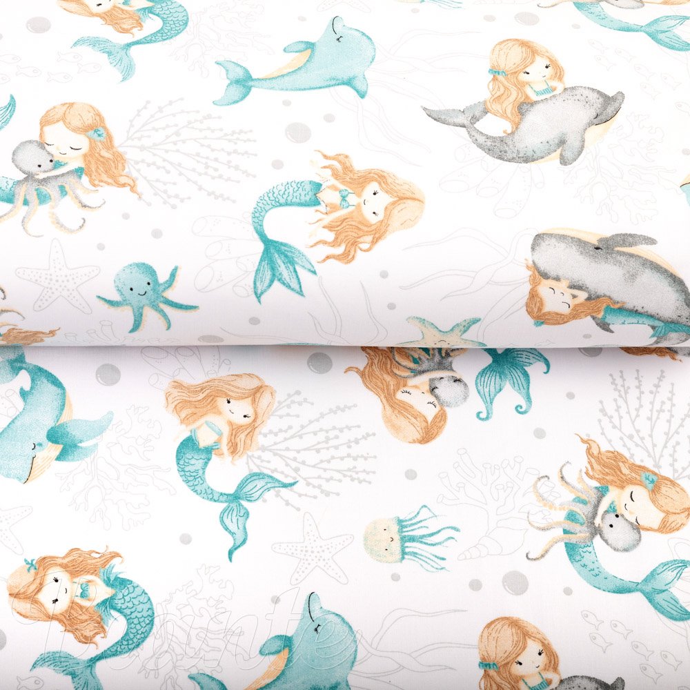 Dětská bavlněná látka/plátno Sandra SA-691 Modrozelené mořské panny s delfíny a velrybami na bílém - šířka 160 cm - detail 2 - Biante.cz