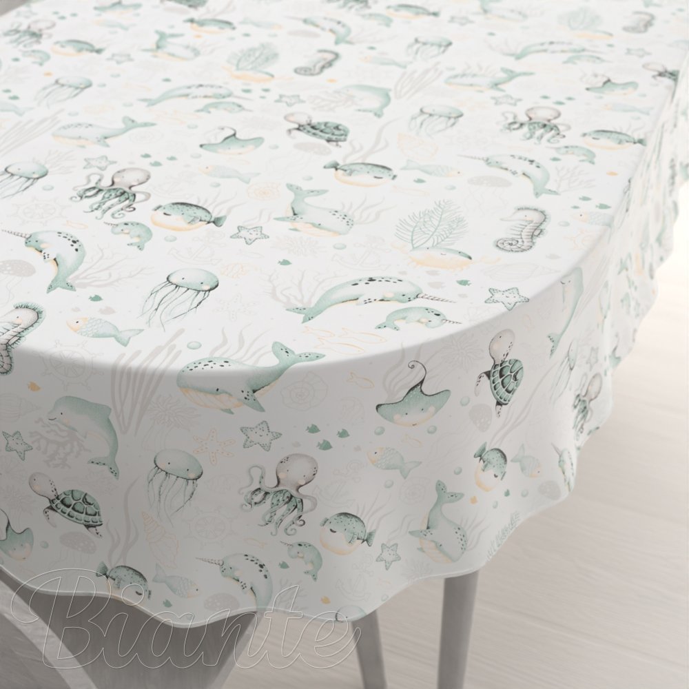 Dětský bavlněný oválný ubrus Sandra SA-688 Mořský svět zelený na bílém - Biante.cz