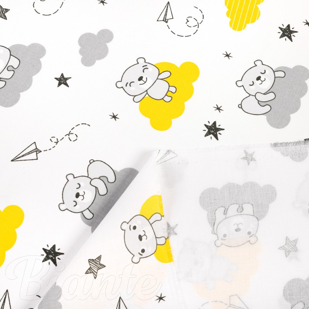Dětská bavlněná látka/plátno Sandra SA-725 Medvídci na žluto-šedých mráčcích na bílém - šířka 160 cm - detail 4 - Biante.cz