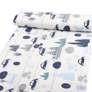 Dětská bavlněná látka/plátno Sandra SA-685 Modrá auta mezi stromy na bílém - šířka 160 cm - detail 1 - Biante.cz Dětská bavlněná látka/plátno Sandra SA-685 Modrá auta mezi stromy na bílém - šířka 160 cm - detail 1 - Biante.cz