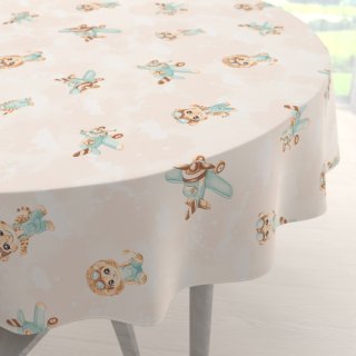 Dětský bavlněný kulatý ubrus Sandra SA-686 Lvíčata s letadýlky na světle béžovém - Biante.cz