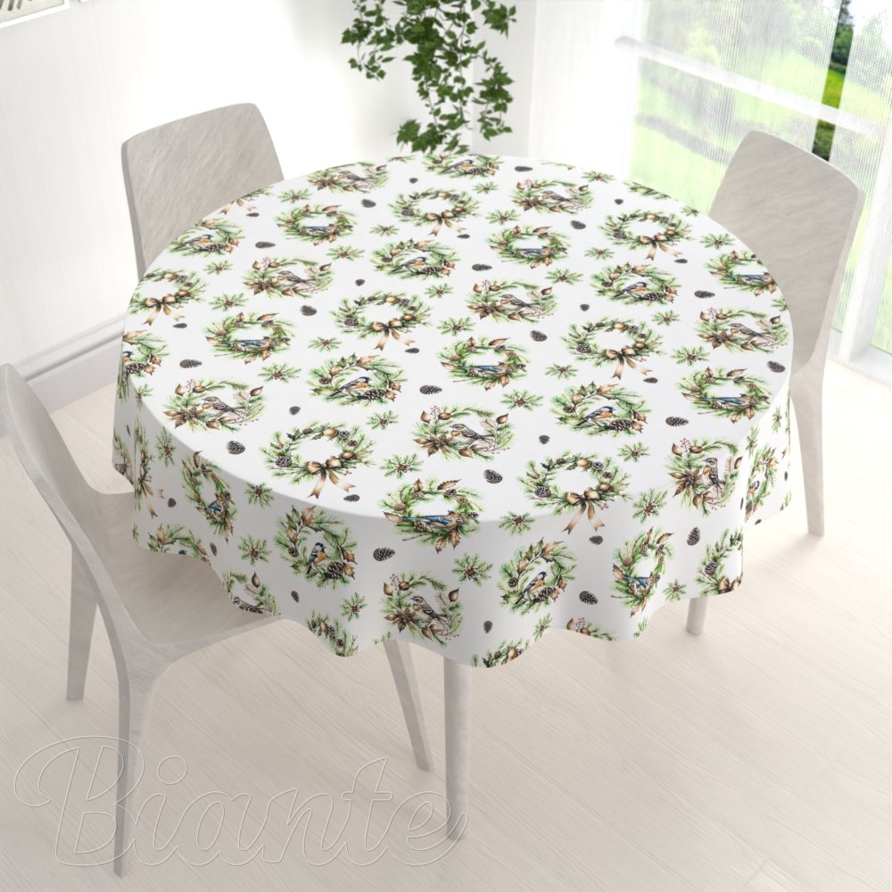 Teflonový kulatý ubrus TF-103 Vánoční věnce s ptáčky na bílém - detail 1 - Biante.cz